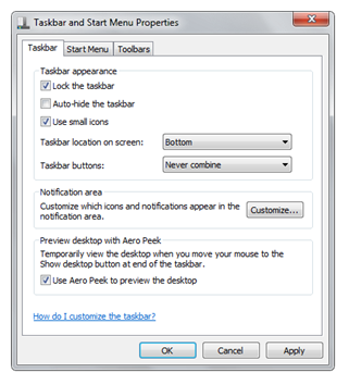 Taskbar and Start Menu Properties